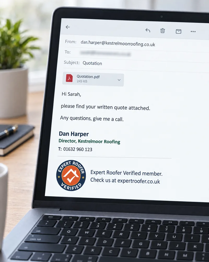 Email signature with the Expert Roofer Verified badge and a link to check the member