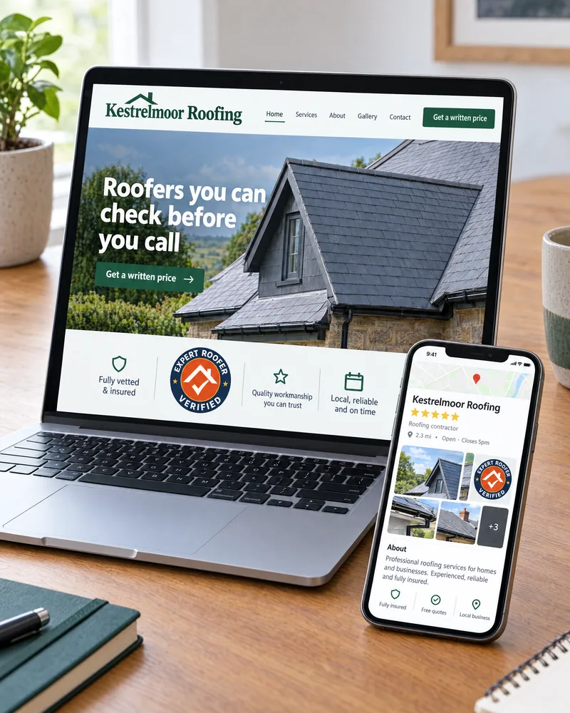 Roofing company website and a business listing on a phone, both showing the Expert Roofer Verified badge