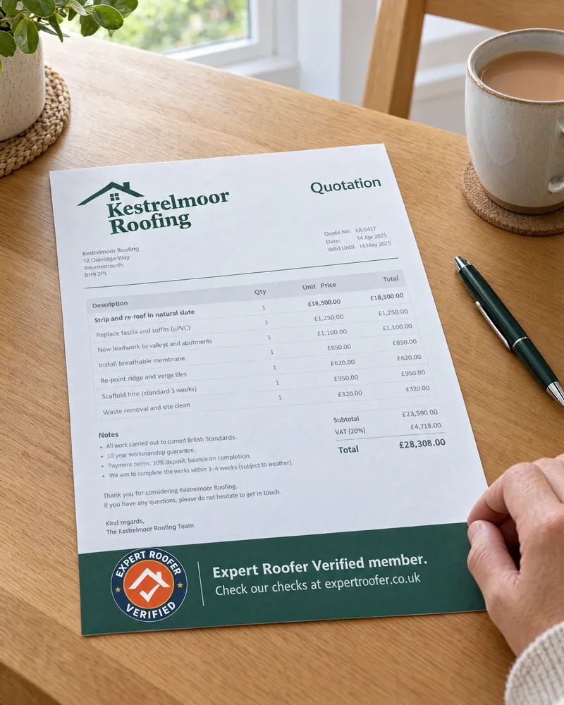 Printed roofing quotation with an Expert Roofer Verified footer